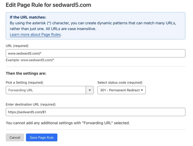 CloudFlare Page Rule configuration showing my redirect